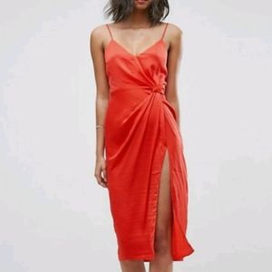 ASOS Red Hammered Satin Strappy Pencil Midi Dress